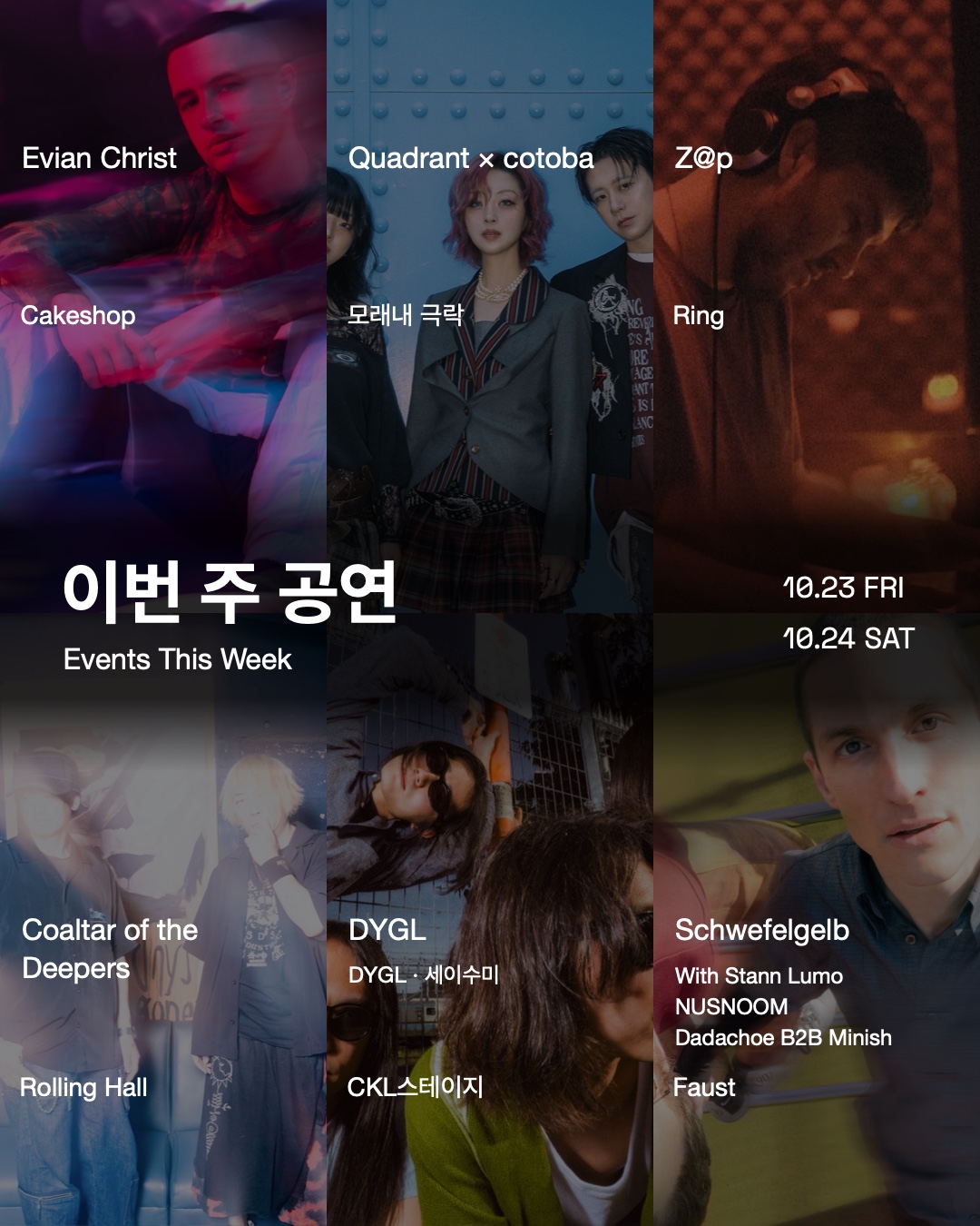 10월 23일 금요일과 24일 토요일 서울 공연 여섯 곳의 출연자 사진과 장소를 묶은 이번 주 공연 표지